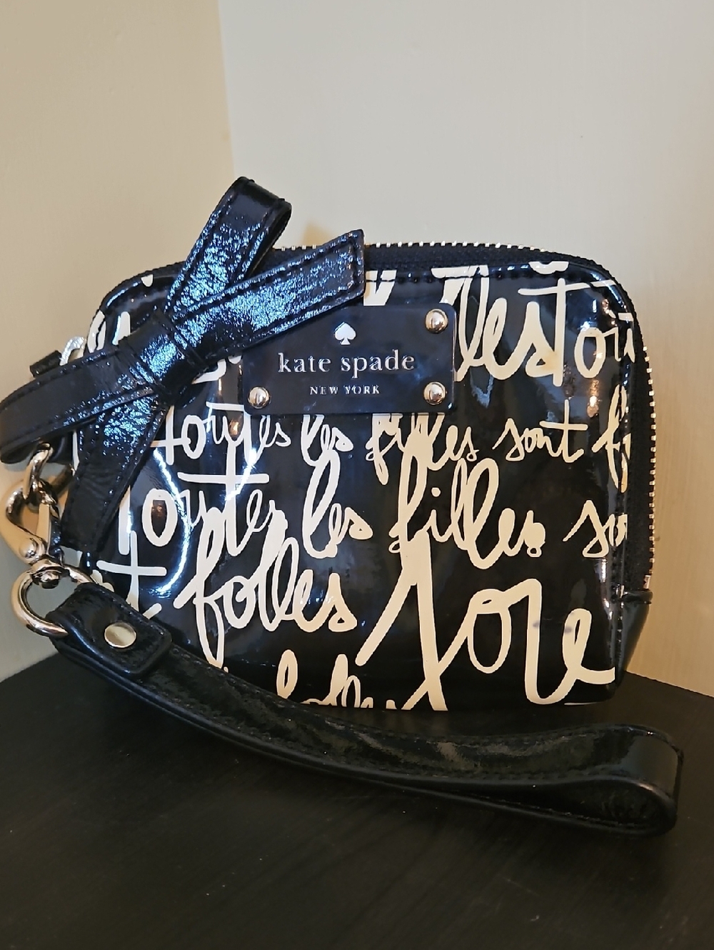 Kate Spade Black Patent Script Print Wristlet